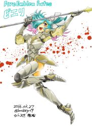 1girl blood blood_splatter blue_hair dated fire_emblem fire_emblem_fates full_body gradient_hair hair_over_one_eye highres hirabuki_masahiro holding holding_polearm holding_weapon looking_at_viewer makeup multicolored_hair nintendo open_mouth peri_(fire_emblem) pink_hair polearm red_eyes runny_makeup short_twintails smile solo twintails two-tone_hair weapon