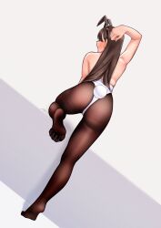 1girl absurdres aiharararara animal_ears arm_up ass back bare_shoulders black_hairband blush brown_hair brown_pantyhose commentary english_commentary eyelashes fake_animal_ears fake_tail feet from_behind full_body grey_background hairband highleg highleg_leotard highres legs leotard long_hair no_shoes original pantyhose playboy_bunny rabbit_ears rabbit_tail signature simple_background soles solo spread_toes tail toes very_long_hair white_leotard