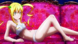 Rule 34 | 1girl, bare arms, bare legs, barefoot, blonde hair, blush, bra, breasts, closed mouth, collarbone, couch, eyecatch, frown, green eyes, highres, himegami kodama, lingerie, long hair, lying, maken-ki!, navel, on back, panties, sidelocks, small breasts, solo, sparkle, takami akio, twintails, underwear, underwear only, white bra, white panties