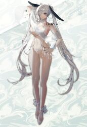 Rule 34 | 1girl, alternate costume, animal ears, bare shoulders, blue eyes, blue nails, breasts, cinderella (nikke), cleavage, commentary, covered navel, fake animal ears, fake tail, full body, goddess of victory: nikke, hair over one eye, high heels, highres, large breasts, leotard, long hair, looking at viewer, playboy bunny, rabbit ears, rabbit tail, see-through clothes, see-through leotard, solo, symbol-only commentary, tail, twintails, twitter username, very long hair, white background, white hair, wogen769