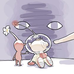 1boy backpack bag big_nose brown_hair chikin_(toritoritori09) colored_skin fingernails flower from_behind gloves helmet highres kneeling male_focus nintendo olimar on_table outstretched_arm pikmin_(creature) pikmin_(series) pointy_ears pointy_nose radio_antenna red_bag red_gloves red_pikmin red_skin shadow short_hair size_difference space_helmet spacesuit table very_short_hair whistle white_flower