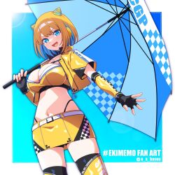 1girl blonde_hair breasts cleavage highres parasol skirt station_memories tawaramachi_tsubasa umbrella yellow_skirt