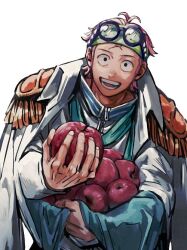 1boy antenna_hair black_eyes coat coat_on_shoulders commentary_request epaulettes fingernails food fruit holding holding_food holding_fruit kalk0011 koby_(one_piece) looking_at_viewer male_focus one_piece pink_hair round_eyewear simple_background solo teeth white_background