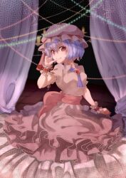 Rule 34 | 1girl, ascot, back bow, bed sheet, blue ascot, blue hair, bow, breasts, commentary request, curtains, darkness, fire, frilled wrist cuffs, frills, gem, hat, hat ribbon, kneeling, kozuki0912, lamp, light blush, medium breasts, mob cap, pink hat, pink shirt, pink skirt, puffy short sleeves, puffy sleeves, red bow, red brooch, red eyes, red gemstone, red ribbon, red sash, remilia scarlet, ribbon, sash, shirt, short hair, short sleeves, skirt, smile, solo, thumb to mouth, touhou, wrist cuffs