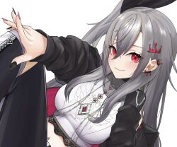 1girl breasts crown_hair_ornament earclip grey_hair hand_on_own_knee highres hololive hololive_dev_is isaki_riona long_hair medium_breasts midriff multicolored_nails navel_piercing one_side_up piercing red_eyes salsalsalt530 smile virtual_youtuber white_background