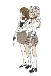 Rule 34 | 2girls, animal ears, artist request, blonde hair, cellphone, chasca (genshin impact), dark-skinned female, dark skin, delinquent, feathers, genshin impact, headphones, headphones around neck, high heels, highres, implied yuri, multiple girls, phone, pointy ears, scarf, school uniform, skirt, sukeban, xilonen (genshin impact)