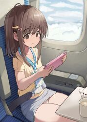 1girl :| absurdres ahoge aircraft airplane airplane_interior brown_eyes brown_hair closed_mouth cloud collarbone commentary_request cup denim denim_skirt dot_nose expressionless female_focus flat_chest food food-themed_hair_ornament from_side hair_between_eyes hair_ornament hairclip handheld_game_console highres holding holding_handheld_game_console id_card lanyard loli looking_ahead medium_hair original panties pantyshot seatbelt shirt shrimp shrimp_hair_ornament shrimp_tempura sitting skirt solo susu_(ysy) tempura thighs underwear upskirt white_panties window yellow_shirt