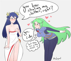 alternate_costume annoyed blue_eyes blue_hair blue_pants blush breasts cosplay costume_switch crossover dress fire_emblem fire_emblem_awakening green_eyes green_hair heart kid_icarus kid_icarus_uprising large_breasts lucina_(fire_emblem) maulegend medium_breasts multiple_girls nintendo palutena pants simple_background smile tiara tunic yuri