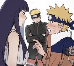 Rule 34 | 1girl, 2boys, anger vein, artist name, bandaged hand, bandages, black jacket, blonde hair, blush, closed mouth, crossed arms, facial mark, forehead protector, highres, hyuuga hinata, jacket, long hair, long sleeves, looking at another, multiple boys, naruto: the last, naruto (classic), naruto (series), notane n, open mouth, orange jacket, short hair, spiked hair, time paradox, uzumaki naruto, whisker markings, white background