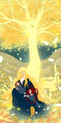1boy 2girls aged_down blonde_hair blue_dress blue_tunic commentary dress elden_ring elden_ring:_shadow_of_the_erdtree english_commentary erdtree_(elden_ring) falling_leaves floating_hair flower hair_between_eyes highres in-universe_location king_of_red_dragon leaf long_hair looking_at_viewer meadow medium_hair melina_(elden_ring) messmer_the_impaler mother_and_daughter mother_and_son multiple_girls outdoors parted_bangs pink_hair plunging_neckline queen_marika_the_eternal red_hair single_bare_shoulder sitting snake tunic very_long_hair yellow_eyes