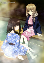 Rule 34 | 2girls, absurdres, arm support, artist request, blue kimono, blunt bangs, brown eyes, brown hair, closed mouth, copyright name, copyright notice, girls und panzer, hair over shoulder, highres, japanese clothes, kimono, light smile, long hair, looking at viewer, looking back, magazine scan, megami magazine, multiple girls, nishizumi shiho, official art, onsen, pink kimono, scan, shimada chiyo, sitting, soaking feet, steam, water, waves, yukata