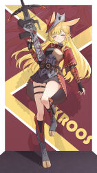 Rule 34 | 1girl, ^ ^, absurdres, alternate costume, animal ears, arknights, armor, armored boots, belt, black boots, black gloves, black skirt, black socks, blonde hair, blush, boots, bow (weapon), braid, braided bangs, brown belt, character name, chinese commentary, closed eyes, closed mouth, commentary request, crossbow, dagger, facing viewer, fingerless gloves, gloves, grey hat, hat, highres, holding, holding crossbow, holding weapon, jiuyu qame, knee boots, kneehighs, knife, kroos (arknights), kunai, leg up, long hair, monster hunter (series), o-ring, pleated skirt, pouch, red hat, sheath, sheathed, skindentation, skirt, smile, socks, solo, standing, standing on one leg, thigh strap, two-sided fabric, two-sided headwear, vambraces, weapon, zoom layer