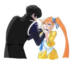 Rule 34 | 1boy, 1girl, ace attorney, athena cykes, bbaen0w0, black gloves, black hair, black jacket, black vest, blonde hair, blue bow, blue eyes, blue necktie, bow, gloves, hair between eyes, hair bow, hands on another&#039;s face, highres, holding another&#039;s wrist, jacket, long hair, long sleeves, looking at another, necktie, one eye closed, orange hair, partially fingerless gloves, shirt, short hair, side ponytail, simon blackquill, single glove, skirt, three-quarter sleeves, translation request, very long hair, vest, white background, white shirt, yellow jacket, yellow skirt