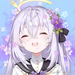 1girl absurdres blue_archive closed_eyes crossed_bangs flower hair_flower hair_ornament halo highres long_hair morimori_(14292311) open_mouth shirt solo turtleneck turtleneck_shirt upper_body watermark white_hair white_shirt yellow_halo