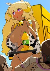 1boy 2girls absurdres animal_ears animal_print backpack bag bikini blonde_hair blush bottle breasts brown_hair chibi commander_(last_origin) cow_ears cow_horns cow_print cow_print_bikini dark-skinned_female dark_elven_forest_ranger dark_skin dc_(makezzal) dog_ears dog_girl elbow_gloves elf fake_animal_ears fake_horns food fruit glass gloves hachiko_of_castling highres holding holding_tray horns huge_breasts last_origin lemon lemon_juice long_hair micro_bikini multicolored_hair multiple_girls phallic_symbol pointy_ears print_bikini purple_eyes shirt short_hair solid_oval_eyes swimsuit tray two-tone_hair two_side_up