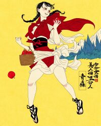1girl absurdres aomori_prefecture apple artist_logo black_hair black_sandals black_sash braid bucket cape food forest fruit full_body highres holding holding_bucket holding_food holding_fruit hood hooded_cape japanese_clothes kimono little_red_riding_hood_(fairy_tale) logo looking_to_the_side mountain nature obi original red_cape red_kimono sandals sash sei5osuzuki solo tree twin_braids