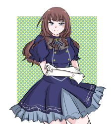 1girl assault_lily blue_dress blue_eyes blue_ribbon blush border breasts brown_hair buttons closed_mouth commentary_request cowboy_shot crossed_arms dress elbow_gloves frilled_skirt frilled_sleeves frills gloves green_background grey_dress grey_ribbon highres kaede_johan_nouvel long_hair looking_at_viewer medium_breasts neck_ribbon official_alternate_costume outside_border puffy_short_sleeves puffy_sleeves ribbon short_sleeves sidelocks skirt smile solo sparkle_background standing thighhighs two-tone_dress two-tone_ribbon wavy_hair white_border white_gloves white_thighhighs yamada_(ymdgrak)