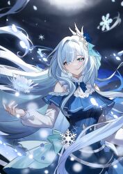 Rule 34 | 1girl, absurdres, bare shoulders, blue bow, blue dress, blue eyes, blue hair, bow, braid, breasts, bright pupils, clothing cutout, commission, dress, floating hair, flower, frilled dress, frills, hair ornament, highres, long hair, long sleeves, looking at viewer, multicolored hair, original, shoulder cutout, smile, snow on headwear, snowflakes, snowflakes-shaped pupils, snowsweety, solo, streaked hair, symbol-shaped pupils, very long hair, white hair, white pupils