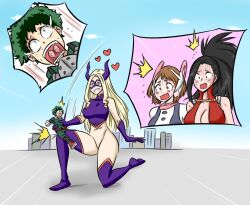 1boy 3girls ball_busting boku_no_hero_academia giant giantess gloves heart horns kneeing midoriya_izuku mount_lady multiple_girls ocigart