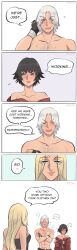... 1boy 2girls absurdres black_gloves black_hair blonde_hair blue_eyes blush crossed_arms dante_(devil_may_cry) devil_may_cry_(series) fingerless_gloves gloves green_eyes heterochromia highres jacket jumpoon lady_(devil_may_cry) long_hair multiple_girls no_shirt red_eyes red_jacket short_hair signature speech_bubble sweat trish_(devil_may_cry) white_hair