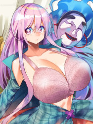 1girl blue_fire blush bra breasts bubble_skirt collarbone expressionless fire hata_no_kokoro highres huge_breasts light_particles linea_alba long_hair long_sleeves looking_at_viewer mask noh_mask open_clothes open_shirt pink_bra pink_eyes pink_hair pink_skirt pixiv_id pixiv_username plaid_clothes plaid_shirt shirt signature skirt solo touhou twitter_username umigarasu_(kitsune1963) underwear very_long_hair