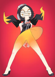 1girl arms_behind_back black_hair black_shoes blonde_hair breasts closed_mouth commentary full_body gashi-gashi gluteal_fold high_heels highres holding holding_behind_back long_hair looking_at_viewer medium_breasts multicolored_hair orange_eyes original personification red_background shoes simple_background sleeveless solo spread_legs symbol-only_commentary twintails two-tone_hair upskirt