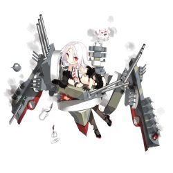 1girl anchor_symbol arm_support bird black_gloves black_shoes black_skirt blouse blush broken cannon capelet clenched_hand closed_mouth coffee_pot cup disposable_cup female_focus full_body fur-trimmed_capelet fur-trimmed_gloves fur_trim gloves grey_legwear hair_ornament high_collar looking_at_viewer machinery mary_janes necktie official_art owl red_eyes remodel_(warship_girls_r) rudder_footwear saru saucer ship_turret shirt shoes short_hair skirt smoke solo striped_necktie striped_neckwear suspender_skirt suspenders teacup torn_clothes transparent_background vittorio_veneto_(warship_girls_r) warship_girls_r white_hair white_shirt