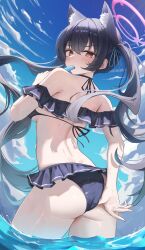 1girl absurdres adjusting_clothes adjusting_swimsuit animal_ear_fluff animal_ears armpit_crease ass back bare_shoulders bikini black_bikini black_hair blue_archive blue_sky blush breasts cat_ears cloud cloudy_sky commentary_request day eating extra_ears floating_hair food frilled_bikini frills from_behind hair_between_eyes halo halterneck highres holding holding_food holding_popsicle hwa_sawa long_hair looking_at_viewer looking_back median_furrow off-shoulder_bikini off_shoulder official_alternate_costume pink_halo popsicle red_eyes serika_(blue_archive) serika_(swimsuit)_(blue_archive) sidelocks sky small_breasts solo standing swimsuit thighs twintails v-shaped_eyebrows water