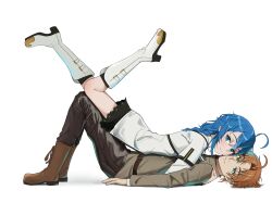 Rule 34 | 1boy, 1girl, absurdres, ahoge, black pants, black skirt, blue eyes, blue hair, boots, brown boots, brown hair, cheek-to-cheek, closed mouth, commentary, english commentary, from side, full body, girl on top, green eyes, grey shirt, heads together, hetero, highres, hug, kaoru puripuri, knee boots, long hair, long sleeves, looking at viewer, lying, lying on person, mushoku tensei, on back, on stomach, pants, roxy migurdia, rudeus greyrat, shirt, skirt, white boots, white shirt