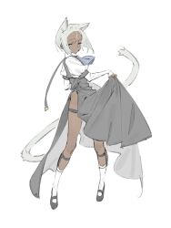 1boy absurdres amrkdrw animal_ears black_dress black_eyes cat_ears cat_girl cat_tail clothes_lift dark-skinned_male dark_skin dress dress_lift full_body highres lifting_own_clothes looking_at_viewer original short_hair side_slit solo tail trap white_background white_hair
