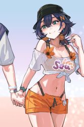 1boy 1girl belle_(summer_skies)_(zenless_zone_zero) belle_(zenless_zone_zero) black_hat blue_hair bracelet breasts brother_and_sister bucket_hat cleavage commentary_request earrings green_eyes hat highres holding_hands jewelry medium_breasts navel official_alternate_costume orange_shorts shirt shorts siblings solo_focus solokitsune thighs tied_shirt white_shirt wise_(peaceful_waves)_(zenless_zone_zero) wise_(zenless_zone_zero) zenless_zone_zero