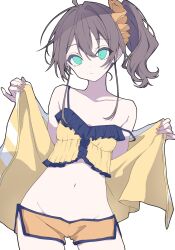 1girl ahoge brown_hair camisole closed_mouth collarbone commentary_request dolphin_shorts green_eyes hair_between_eyes highres hololive looking_at_viewer minkof_nn natsuiro_matsuri navel scrunchie shorts side_ponytail simple_background solo stomach white_background