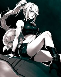 1girl artist_name boots breasts commentary crop_top greyscale long_hair looking_at_viewer medium_breasts metroid metroid_(creature) metroid_larva miss_faves mole mole_under_mouth monochrome nintendo parted_lips ponytail samus_aran short_shorts shorts sidelocks sitting