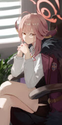 Rule 34 | 1girl, absurdres, ahoge, aru (blue archive), bare legs, black skirt, blue archive, chair, coat, coat on shoulders, crossed legs, demon horns, feet out of frame, fur-trimmed coat, fur trim, haimaotuanzi, halo, highres, horns, indoors, looking at viewer, on chair, own hands together, pink hair, red coat, shirt, side slit, sitting, skirt, smile, solo, white shirt, window blinds