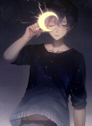 1boy blue_hair blue_sweater blush closed_mouth collarbone cowboy_shot grey_pants hair_between_eyes highres male_focus mole mole_under_eye moon one_eye_closed original pants shinyshynii short_hair solo star_(sky) sweater yellow_eyes