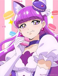 1girl animal_ears bow bow_choker breasts cat_ears choker collarbone cure_macaron earrings eating elbow_gloves extra_ears food food-themed_hair_ornament food_print gjt9miwpv4fntzk gloves hair_ornament highres jewelry kirakira_precure_a_la_mode long_hair looking_at_viewer macaron macaron_hair_ornament macaron_print magical_girl pom_pom_(clothes) pom_pom_earrings precure purple_background purple_choker purple_eyes purple_hair ribbon_choker smile striped_background twitter_username upper_body white_gloves