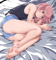 1girl ass bare_arms bare_legs barefoot bed_sheet black_shirt blue_shorts breasts brown_eyes brown_hair cellphone commentary_request dd_(ijigendd) highres holding holding_phone lying medium_hair nipples on_side open_mouth original phone pussy shirt shorts sleeveless sleeveless_shirt small_breasts smartphone solo thighs toes