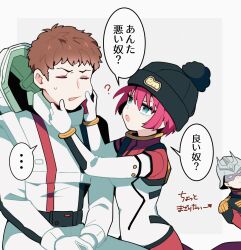 ... 1girl 2boys ? amate_yuzuriha amuro_ray aqua_eyes beanie brown_hair char_aznable cheek_pinching closed_eyes commentary_request epaulettes eye_mask fuji_(f_ukkami) gundam gundam_gquuuuuux hat helmet high_collar highres jacket long_sleeves mecha_pilot_suit military_jacket military_uniform multiple_boys open_mouth pinching pom_pom_(clothes) pom_pom_beanie red_hair red_jacket short_hair simple_background speech_bubble spoken_ellipsis white_background