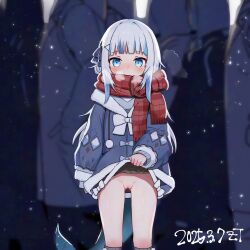 absurdres blue_coat blue_eyes blue_hair blunt_bangs blush coat exhibitionism fins fish_tail flashing gawr_gura gawr_gura_(winter_casual) gluteal_fold hair_ornament hair_ribbon highres hololive hololive_english long_hair looking_at_viewer multicolored_hair no_panties official_alternate_costume ontake2009 outdoors public_indecency pussy red_scarf ribbon scarf shark_girl shark_tail tail thighs upskirt virtual_youtuber white_hair winter_clothes winter_coat x_hair_ornament