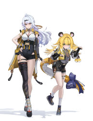 2girls absurdres animal_ears black_bra black_shirt black_shorts black_thighhighs blonde_hair blue_bow blue_shoes bow bra claw_pose closed_mouth cropped_jacket fingerless_gloves gloves green_eyes hand_on_own_hip highres jacket ju_fufu kabuto_tong long_hair looking_at_viewer multicolored_hair multiple_girls o-ring o-ring_thigh_strap shirt shoes shorts single_thighhigh smile tail tail_bow tail_ornament thigh_strap thighhighs tiger_ears tiger_girl tiger_tail two-tone_hair underwear white_hair white_shirt white_shoes yellow_eyes yellow_jacket yixuan_(zenless_zone_zero) zenless_zone_zero