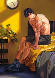 Rule 34 | 1boy, biceps, black shorts, black socks, blue eyes, blue hair, closed mouth, collarbone, from side, full body, looking at viewer, male focus, no shoes, on bed, original, parted bangs, plant, short hair, shorts, sitting, socks, solo, tomcat li