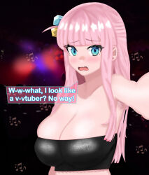 1girl armpit_crease armpit_hair armpit_hair_peek armpit_peek armpits background_lightning black_tube_top blue_eyes blunt_bangs bocchi_the_rock! breasts cleavage club couple cube_hair_ornament dancer dancing ear_piercing eddarxart english_text femdom gotoh_hitori hair_ornament kabedon large_breasts long_hair looking_at_viewer music musical_note musician night nightclub people piercing pink_armpit_hair pink_hair pov protecting reaching reaching_towards_viewer shouting side_ahoge speech_bubble strapless talking tube_top weapon