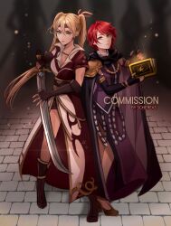 2girls alternate_costume armor artist_name black_cape black_gloves black_shorts blonde_hair book boots breasts brown_boots brown_eyes brown_gloves brown_shoes cape commentary commission dress elbow_gloves english_commentary female_morgan_(fire_emblem) fingerless_gloves fire_emblem fire_emblem_awakening gloves highres holding holding_book holding_sword holding_weapon knee_boots looking_at_viewer multiple_girls nintendo red_dress red_eyes red_hair schereas severa_(fire_emblem) shoes short_hair short_sleeves shorts shoulder_armor siblings sisters small_breasts standing stone_floor sword twintails watermark weapon