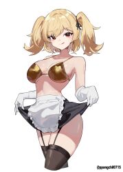 1girl absurdres apron bikini bikini_top_only black_garter_straps black_skirt black_thighhighs breasts burnice_white commentary garter_straps gloves gold_bikini highres large_breasts licking_lips maid maid_apron maid_bikini ppangchil red_eyes short_hair skirt skirt_tug solo stomach swimsuit symbol-only_commentary thighhighs thighs tongue tongue_out twintails unconventional_maid white_gloves zenless_zone_zero