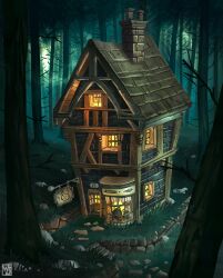 architecture artist_logo building chimney commentary english_commentary fantasy fog foliage forest grass logo nature no_humans original outdoors path plant potion road rooftop scenery sign stairs stone_walkway teapot tree waltjan window