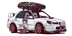 1girl blue_hair boots brown_boots car closed_mouth commentary commission english_commentary grey_shawl hair_bun hands_on_own_knees highres jestami knees_up light_smile long_sleeves looking_at_viewer medium_hair motor_vehicle purple_eyes shawl shima_rin sidelocks signature simple_background sitting smile solo spoiler_(automobile) sports_car sticker stitched subaru_(brand) subaru_impreza third-party_edit vehicle_focus wide_shot yurucamp