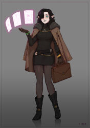 1girl artist_name bag bead_bracelet beads black_boots black_hair black_sweater boots bracelet brown_gloves brown_jacket brown_pantyhose closed_mouth d-rex fur-trimmed_jacket fur_trim gloves gradient_hair grey_background hair_over_one_eye highres holding holding_bag jacket jewelry medium_hair multicolored_hair open_clothes open_jacket original pale_skin pantyhose pointy_ears smile solo standing sweater