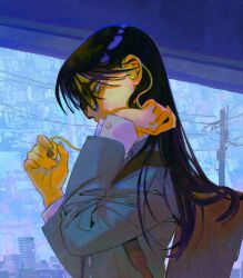 1girl bag black_hair gundam gundam_gquuuuuux hayashiraisup highres jacket long_hair long_sleeves nyaan_(gundam_gquuuuuux) school_bag school_uniform shirt solo sunglasses upper_body utility_pole wireless_earphones yellow_eyes