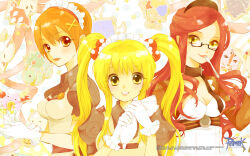 3girls :3 amistr_(ragnarok_online) apron archangeling blonde_hair blush breasts brown_dress cherry cleavage closed_mouth cookie copyright_notice curly_sue deviruchi dokebi dress food fork fruit gloves guest_art highres kafra_uniform logo long_hair looking_at_viewer lude_(ragnarok_online) maid maid_headdress medium_breasts multiple_girls myst_case official_art official_wallpaper open_mouth orange_eyes orange_hair pastry_bag permeter_(ragnarok_online) poring puffy_short_sleeves puffy_sleeves ragnarok_online red_hair red_sash ruru_(ruru) sash short_hair short_sleeves smile spore_(ragnarok_online) twintails upper_body utensil_in_mouth white_apron white_gloves yellow_eyes