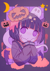 1girl :o @_@ artist_name blood blood_in_hair blunt_bangs blush bob_cut border cloud crescent_moon demon_horns demon_wings detached_wings ghost grey_serafuku grid_background hair_ornament halloween hands_on_own_cheeks hands_on_own_face highres horns long_sleeves looking_at_viewer moon no_nose nose_blush omochi_noa original parted_lips pumpkin purple_background purple_border school_uniform serafuku short_hair signature solid_oval_eyes solo star_(symbol) wings x_hair_ornament